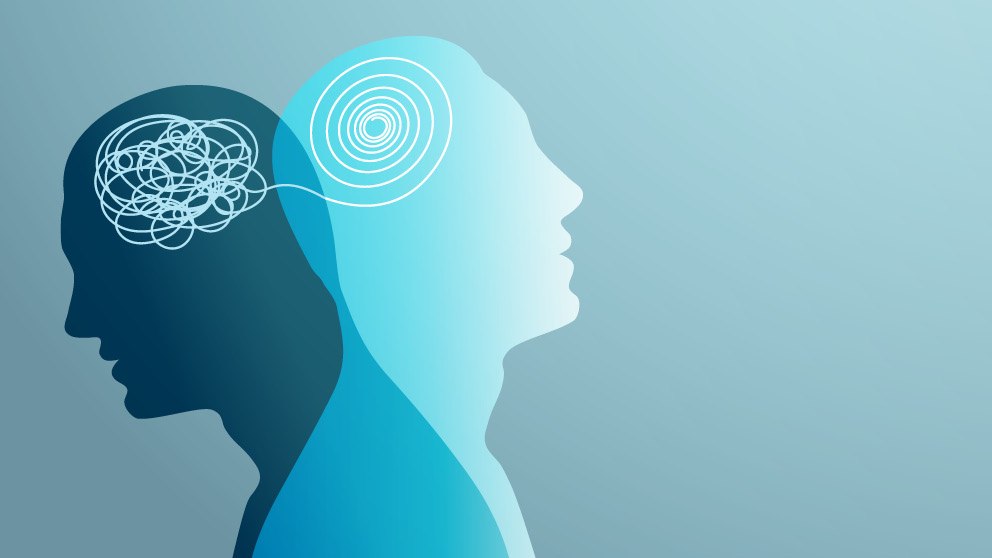 Illustration of two human profiles with mental health symbols, representing emotional challenges and healing.